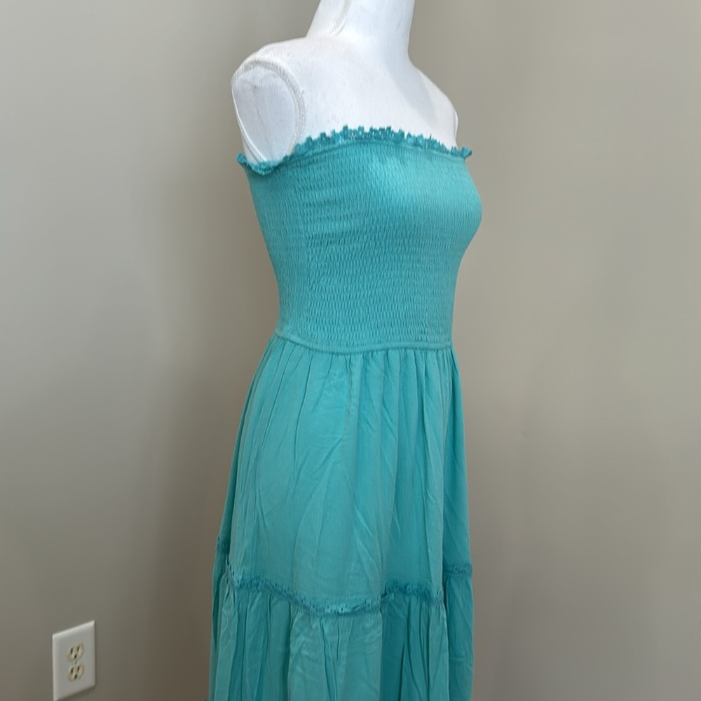Light Turqouise Blue Strapless Maxi Dress with Smocked Bodice and Full Skirt - Picture 3 of 10